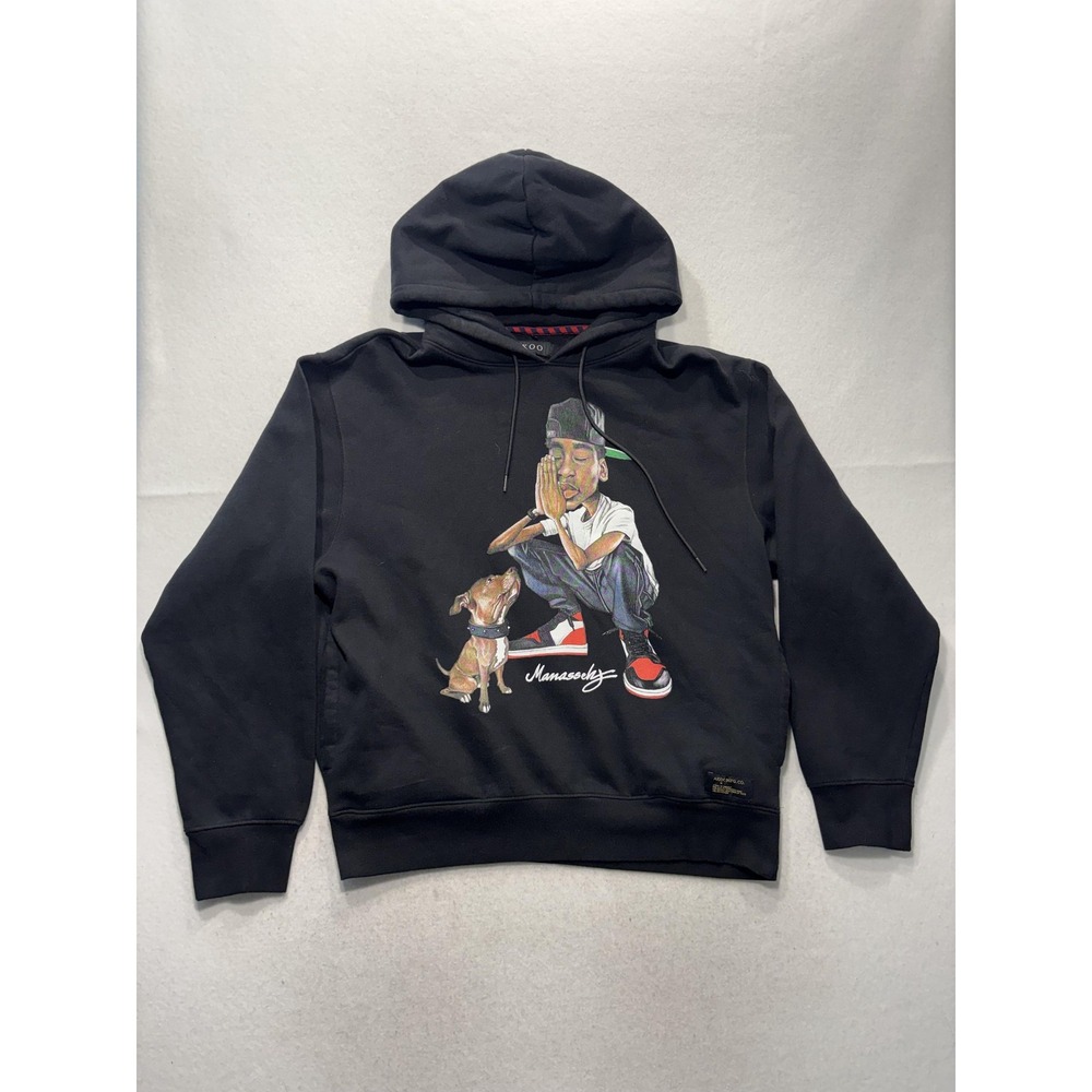 AKOO Hoodie Mens Large Black Fleece Pullover Praying Boy Dog Graphic Streetwear